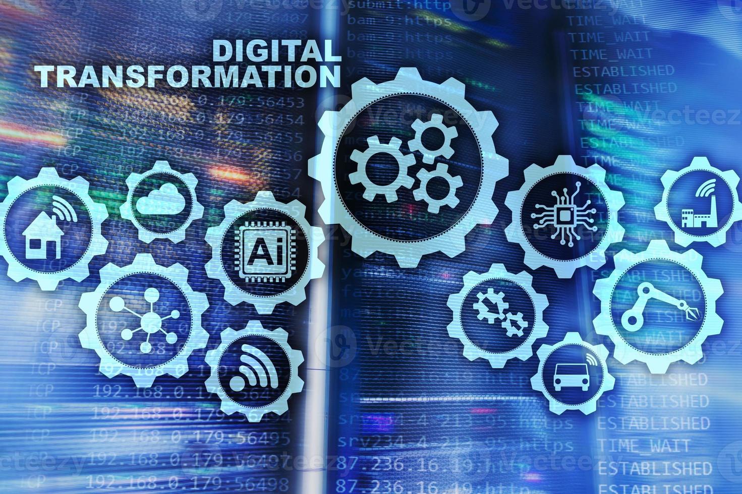 Digital Transformation Concept of digitalization of technology business processes. Datacenter background photo