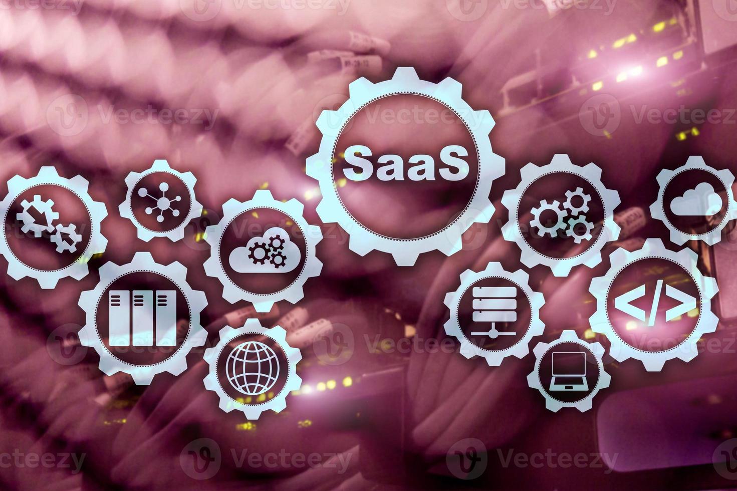 Software as a Service SaaS. Software concept. Modern technology model on a virtual screen server room background. Software On Demand photo