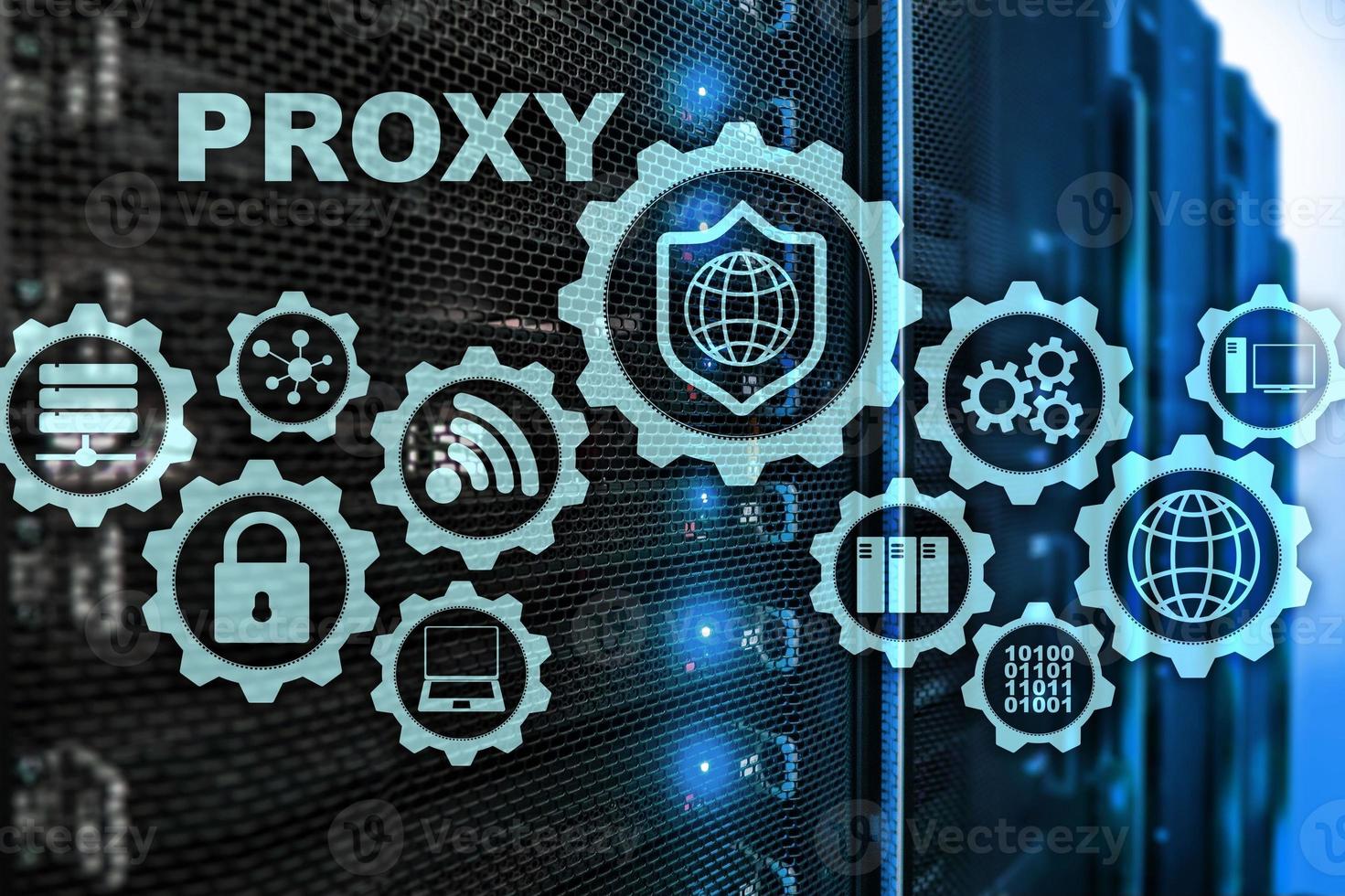 Proxy server. Cyber security. Concept of network security on virtual screen. Server room background photo