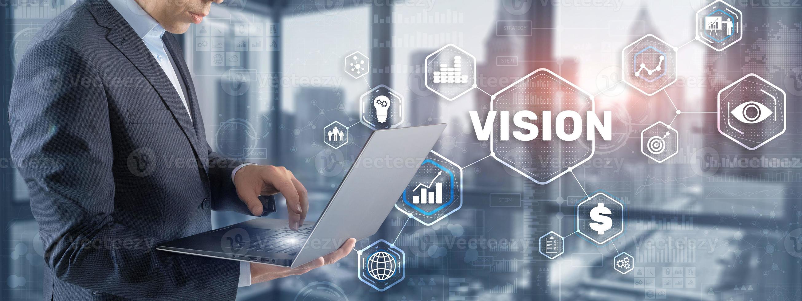 Vision. Business people and modern city on background. Virtual screen photo