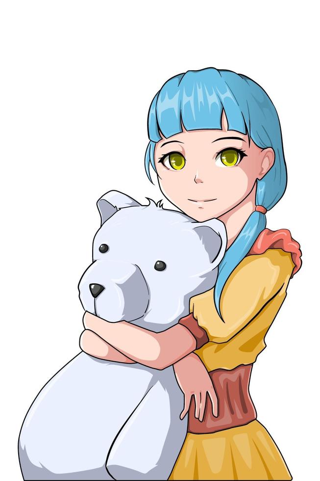 Cute girl with with bear doll character illustration vector