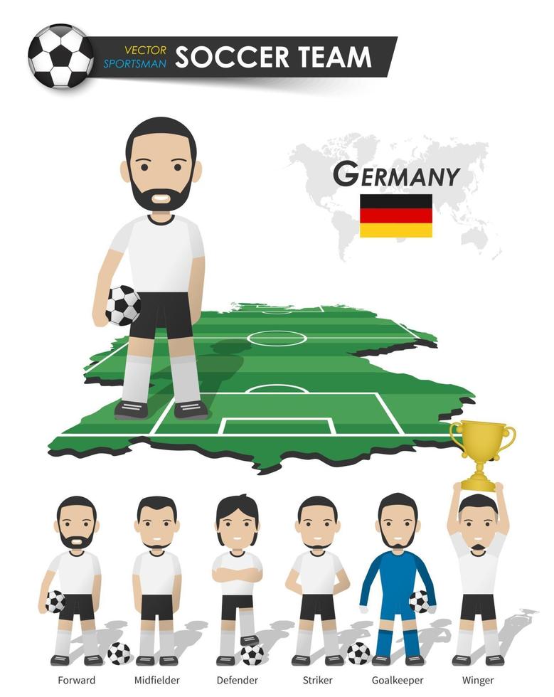 Germany national soccer cup team . Football player with sports jersey stands on perspective field country map and world map . Set of footballer positions . Cartoon character flat design vector