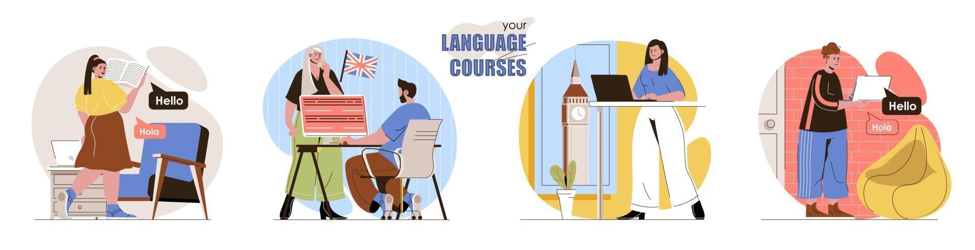 Your Language Course concept scenes set vector