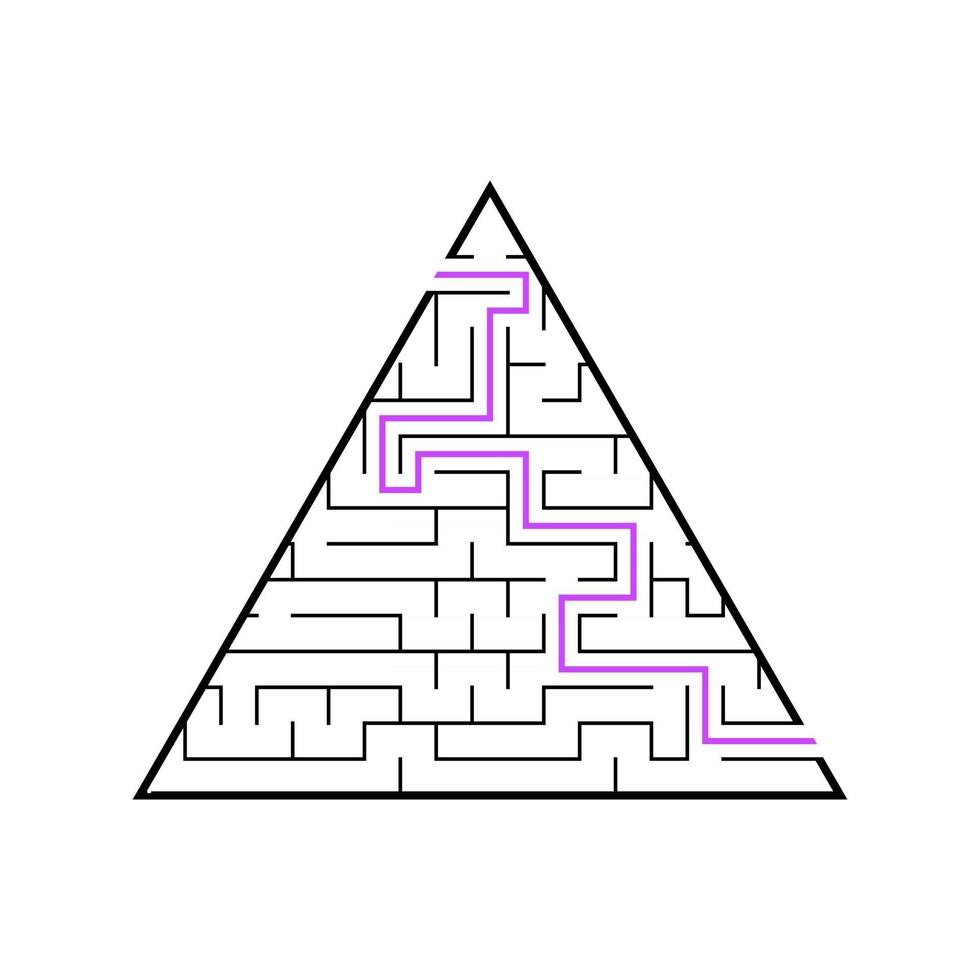 A triangular labyrinth, a pyramid with a black stroke. A game for children. Simple flat vector illustration isolated on white background. With the answer.