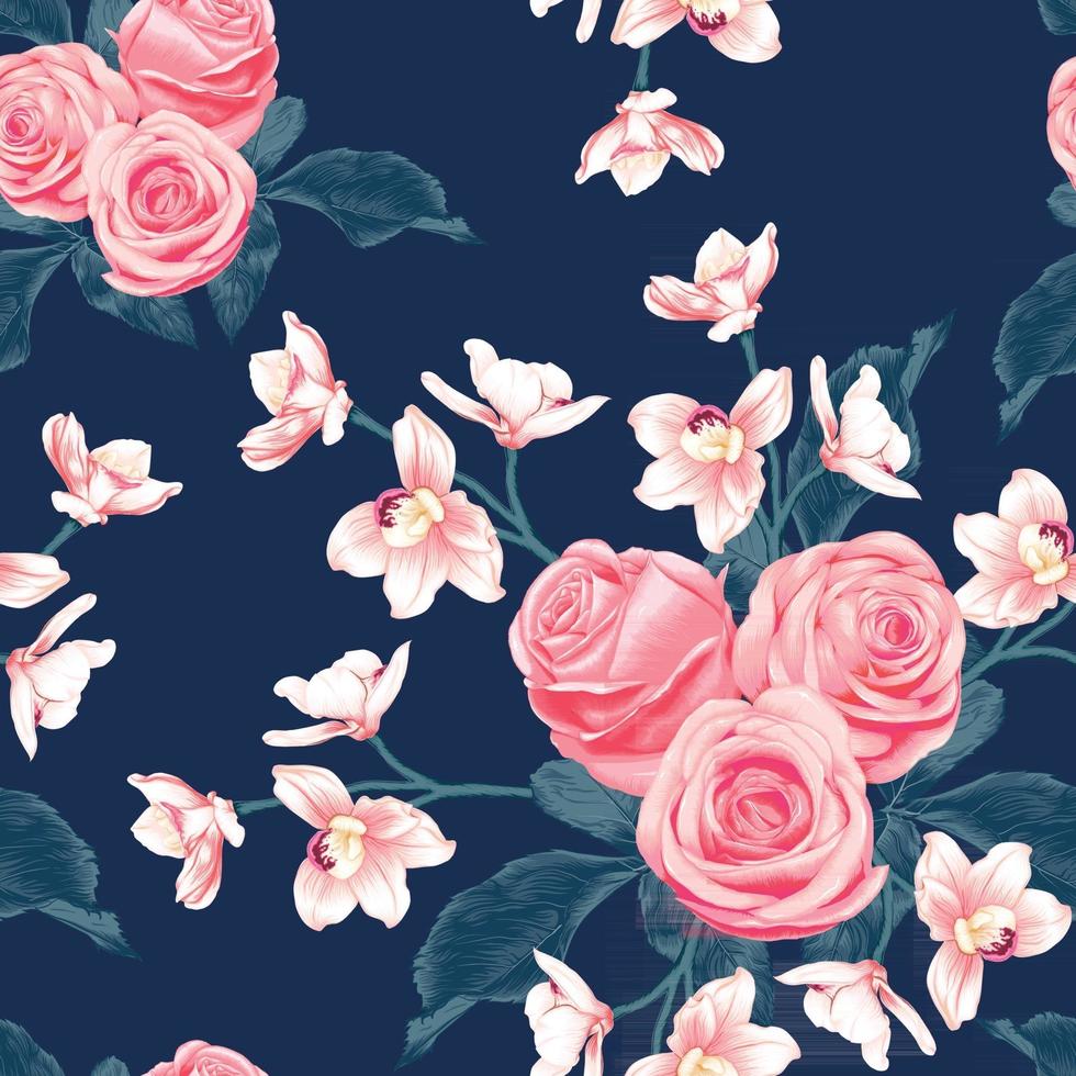 Seamless pattern botanical pink rose and pink Orchid flowers on abstract dark blue background. Vector illustration drawing watercolor style. For used wallpaper design,textile fabric or wrapping paper.