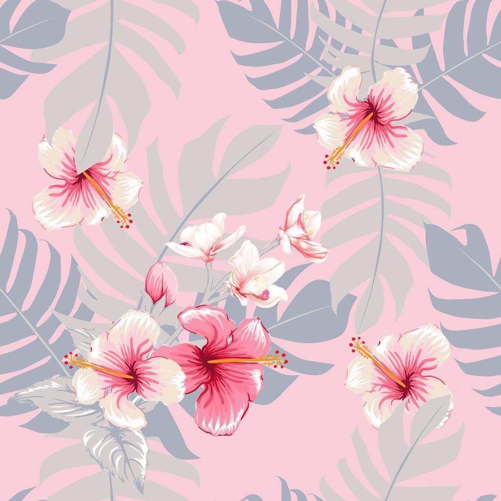 Seamless floral pattern pink Hibiscus and Orchid flowers on pastel color isolated background. Vector illustration watercolor hand drawing.