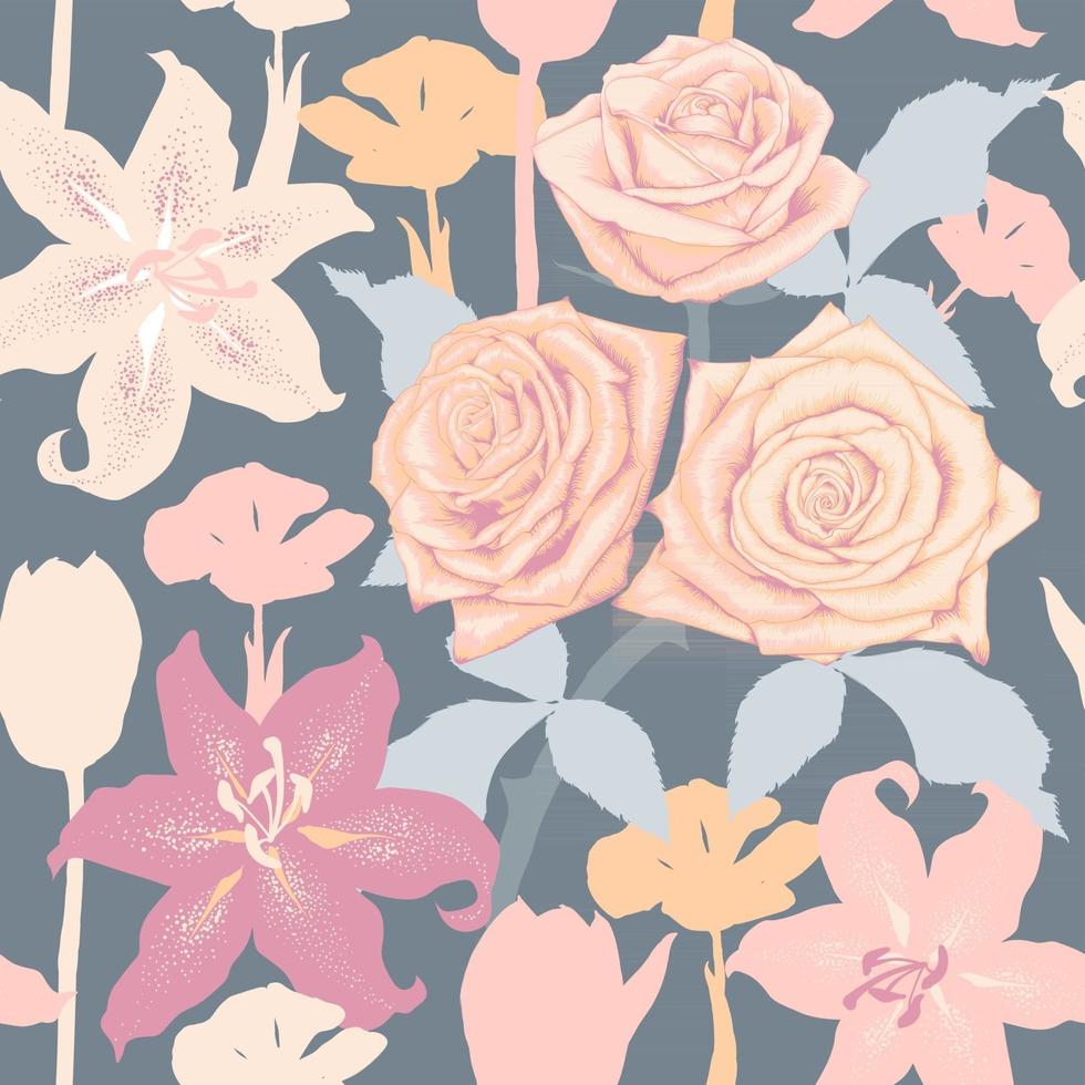 Seamless pattern pastel color Rose Tulips and Lilly flowers abstract background. Vector illustration drawing flat design. repeat floral wallpaper fabric print.