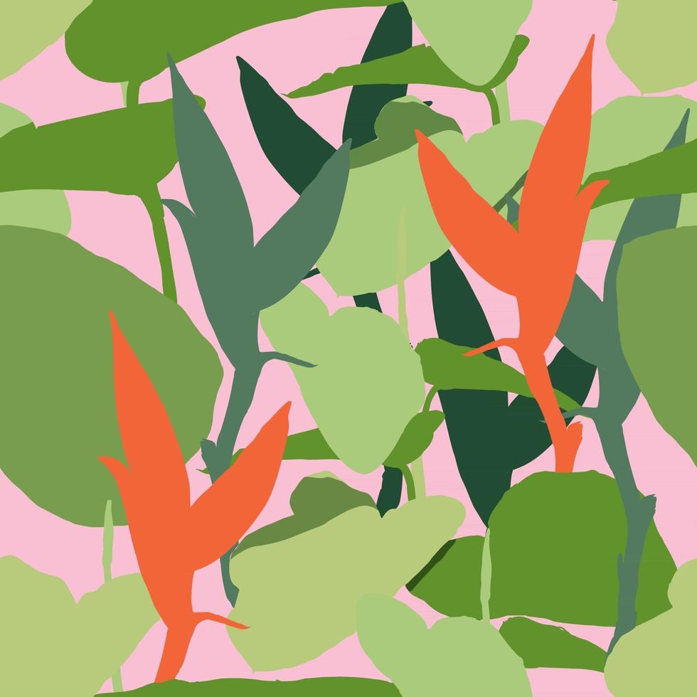 flores tropicales de patrones sin fisuras y hojas sobre fondo rosa pastel aislado. ilustración vectorial dibujo diseño plano. para el diseño de telas. vector