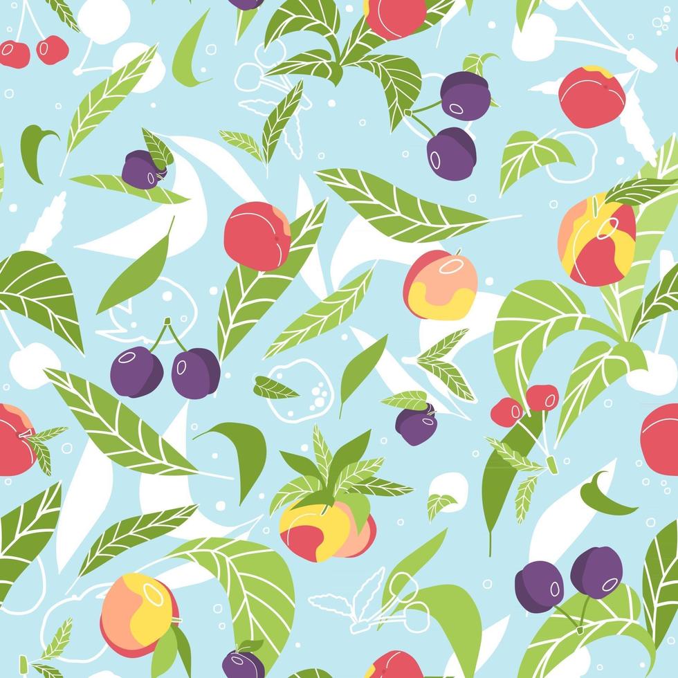 verano brillante frutas y bayas de patrones sin fisuras. Ilustración vectorial de cerezas, melocotones, ciruelas, nectarinas, hojas sobre fondo azul en estilo plano vector