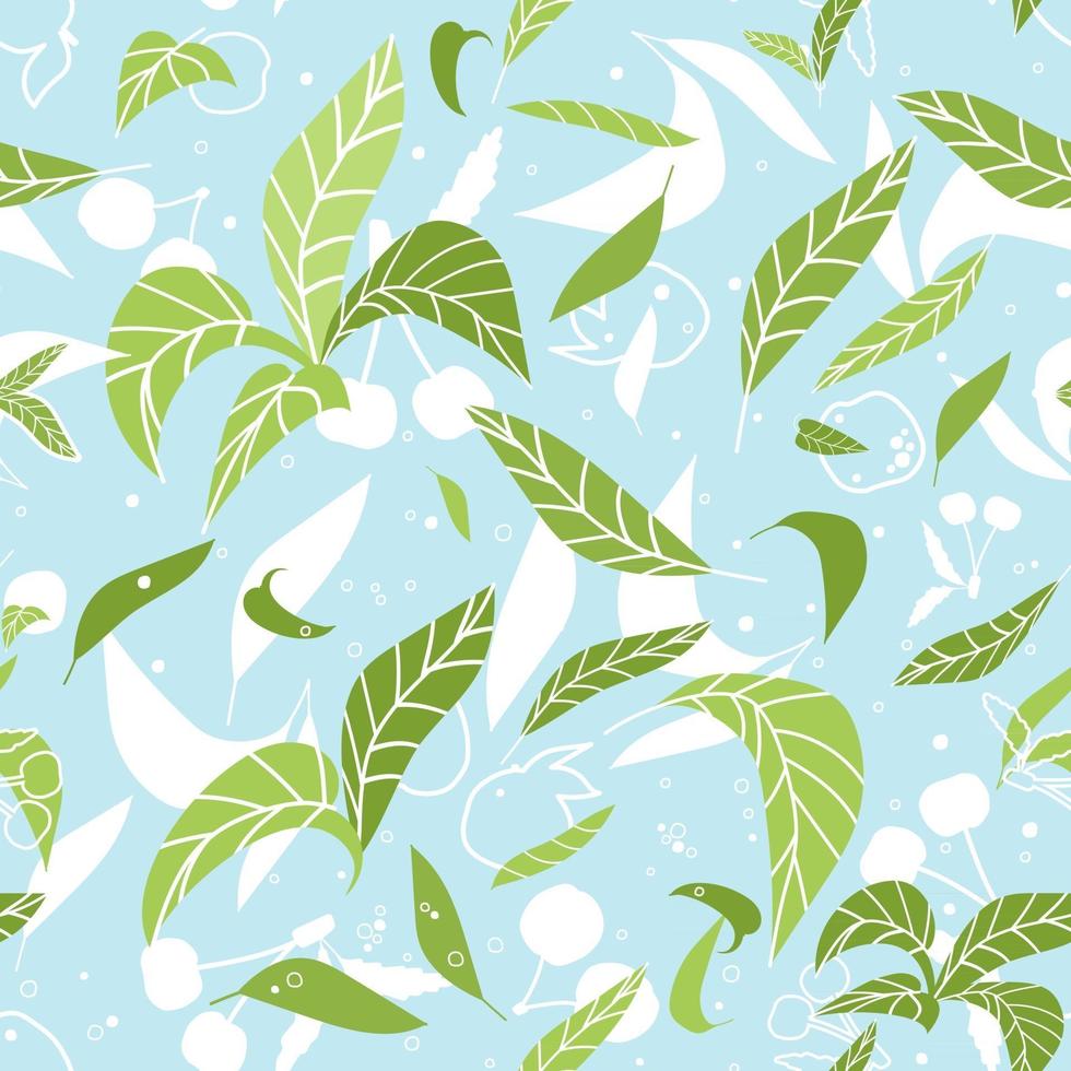 Green blue summer leaves seamless pattern. Vector illustration of cherries, plums, leaves silhouettes on blue background in flat and doodle style