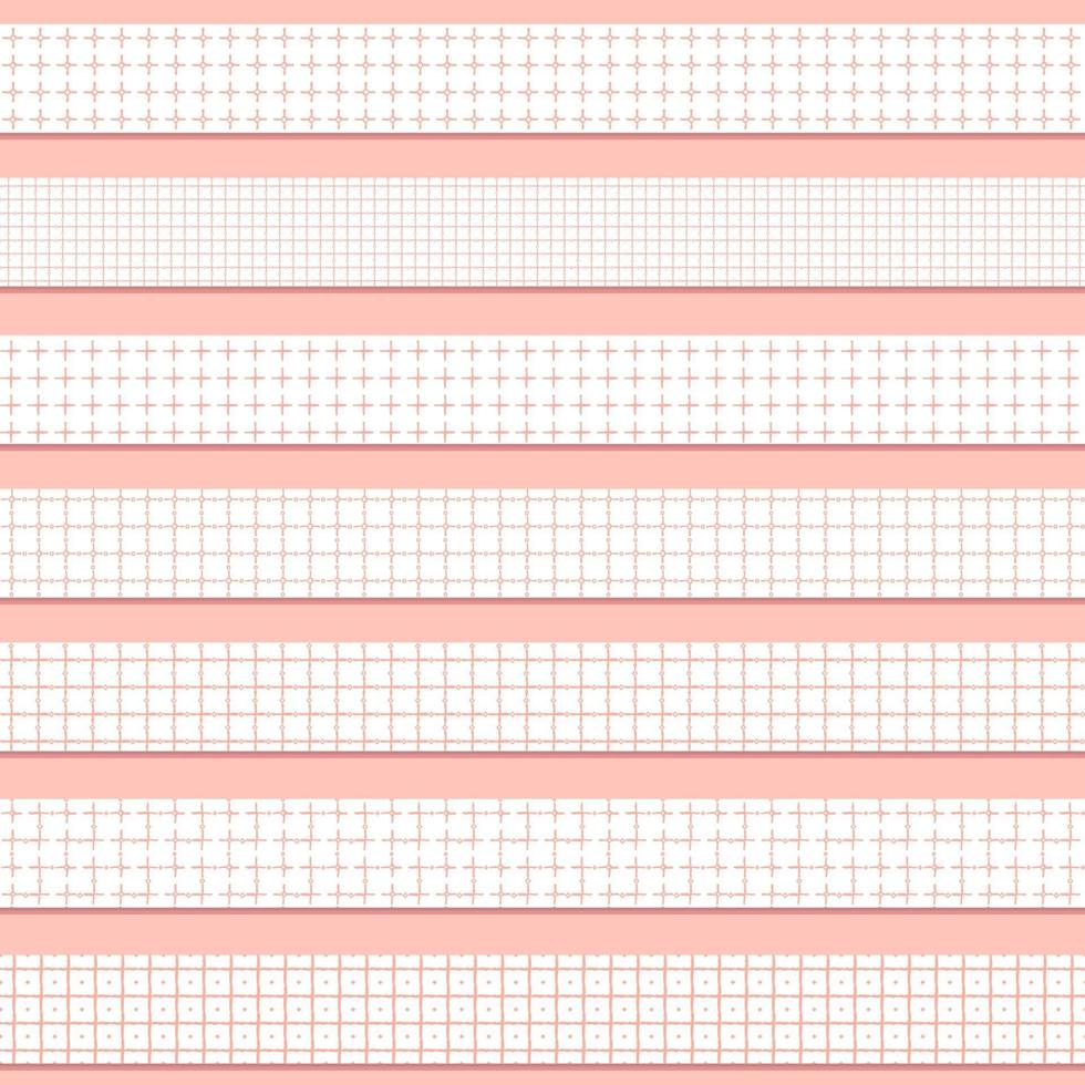 conjunto de siete cintas de borde sin costuras washi rosa estampadas en colores pastel para scrapbooking. los dibujos se componen de cuadrados, círculos rugosos y formas de líneas punteadas sobre fondo blanco vector