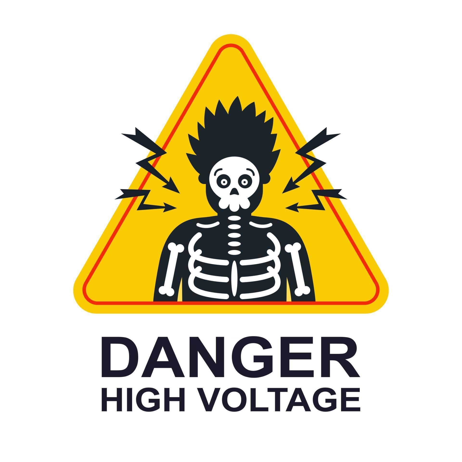 yellow sticker caution high voltage. electric shock by a person. flat