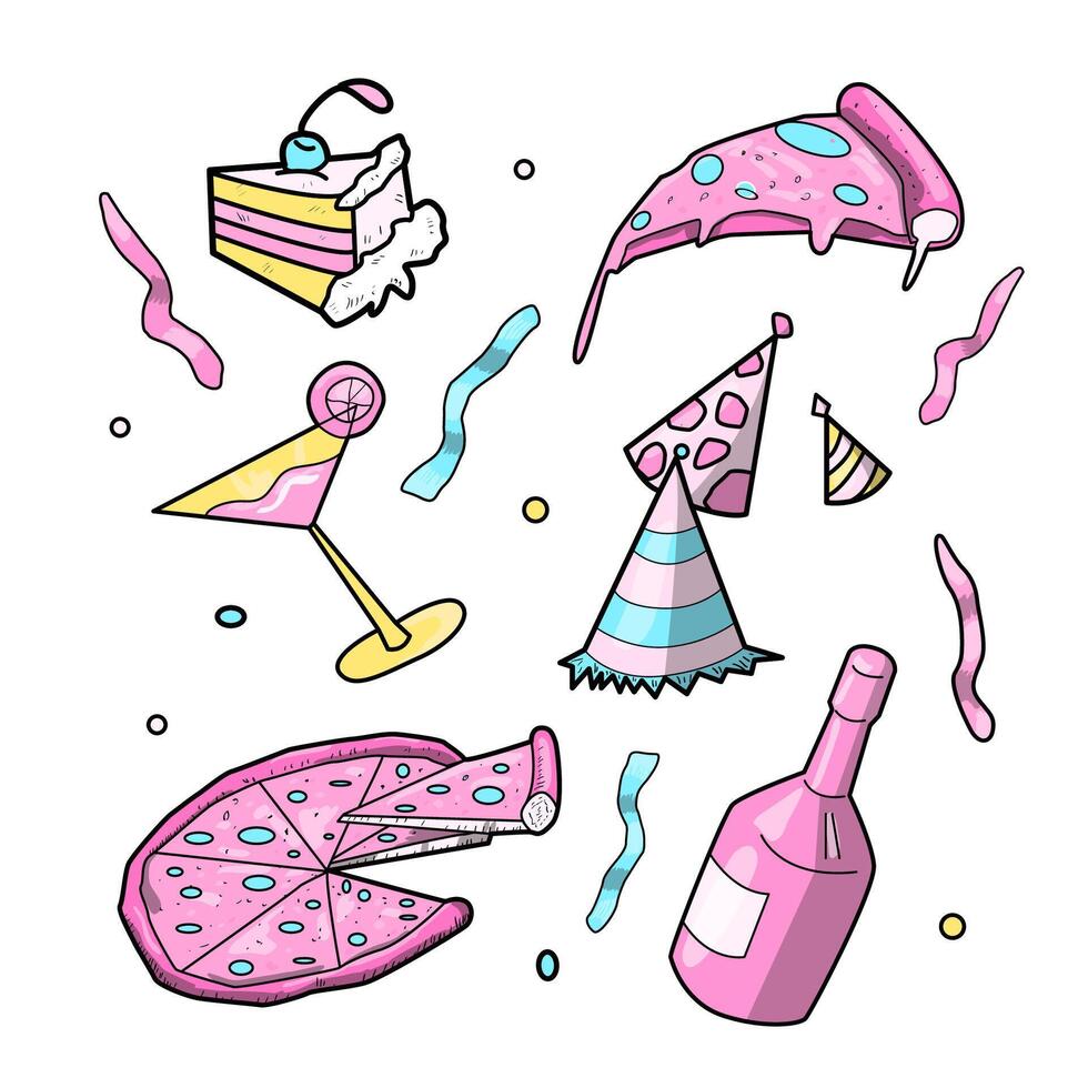 Big bundle of isolated vector elements for birthday party food, decoration and calibration, flat Colorful vector icon illustration