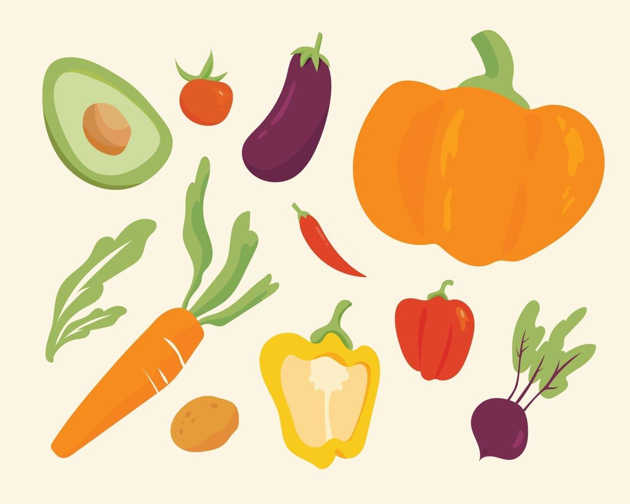 una colección de diversas verduras. Ilustración de vector mínimo de estilo de diseño plano.