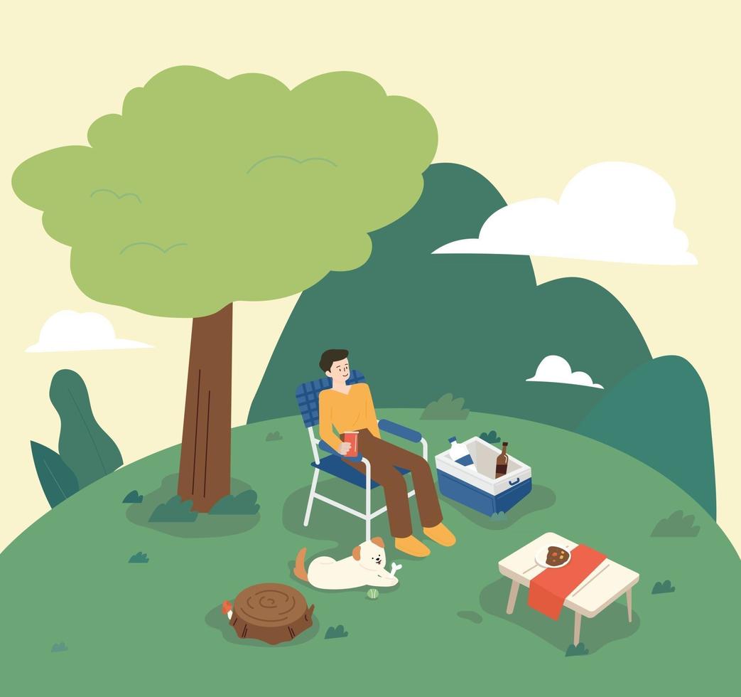 A man is camping while sitting on a chair in the open nature. There is a table and a cooler around him, and a dog is sitting next to him. flat design style minimal vector illustration.