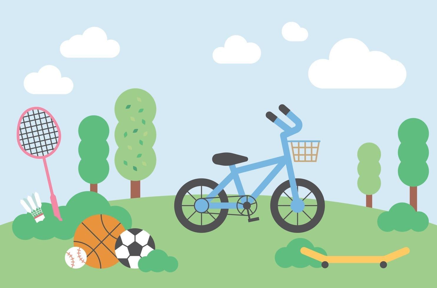 bicicletas y pelotas deportivas, raqueta de bádminton y volante en el fondo del parque. Ilustración de vector mínimo de estilo de diseño plano.