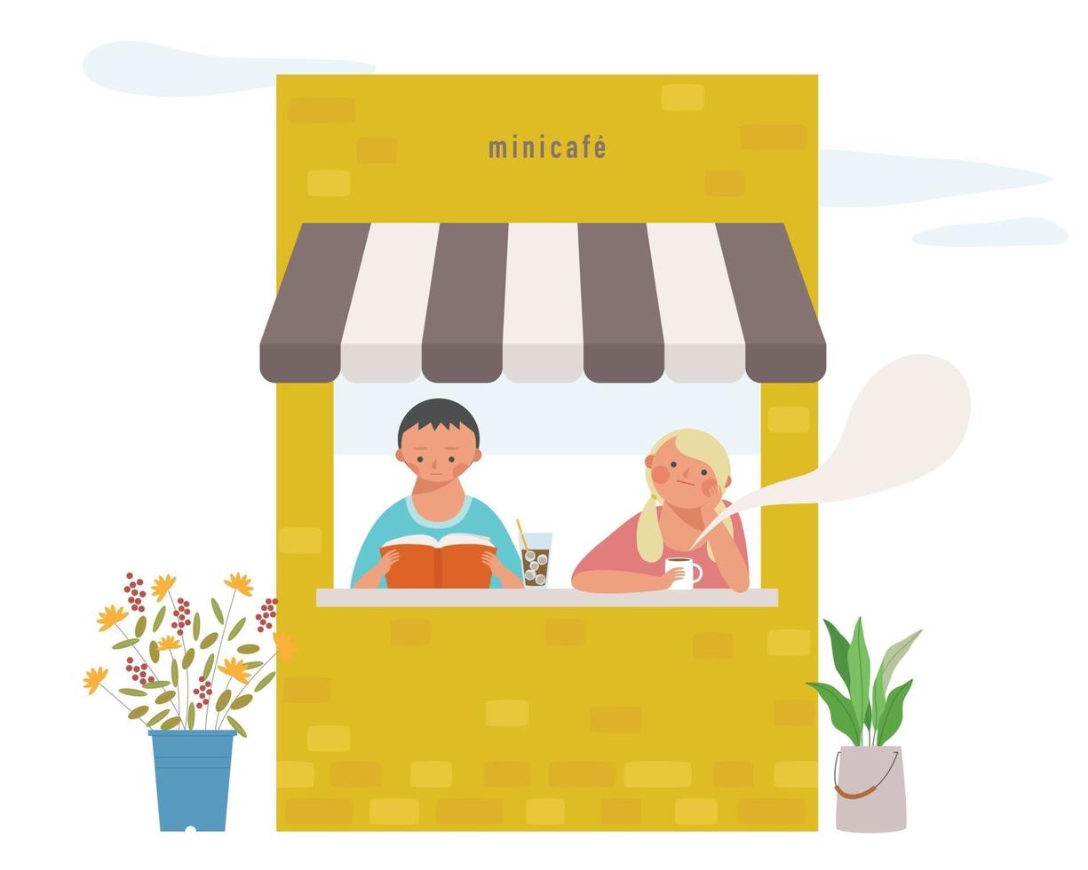 Two couples are reading a book and drinking coffee in a small cafe. vector design illustrations.