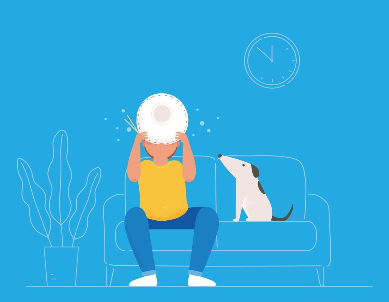 A man is sitting on the sofa eating food and a dog is looking at him. vector design illustrations.