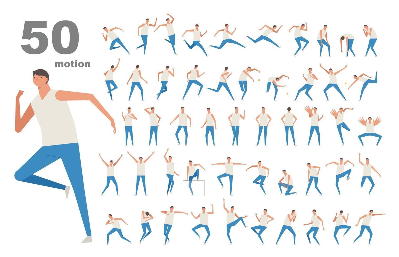 50 movimientos de un personaje masculino. ilustraciones de diseño vectorial. vector