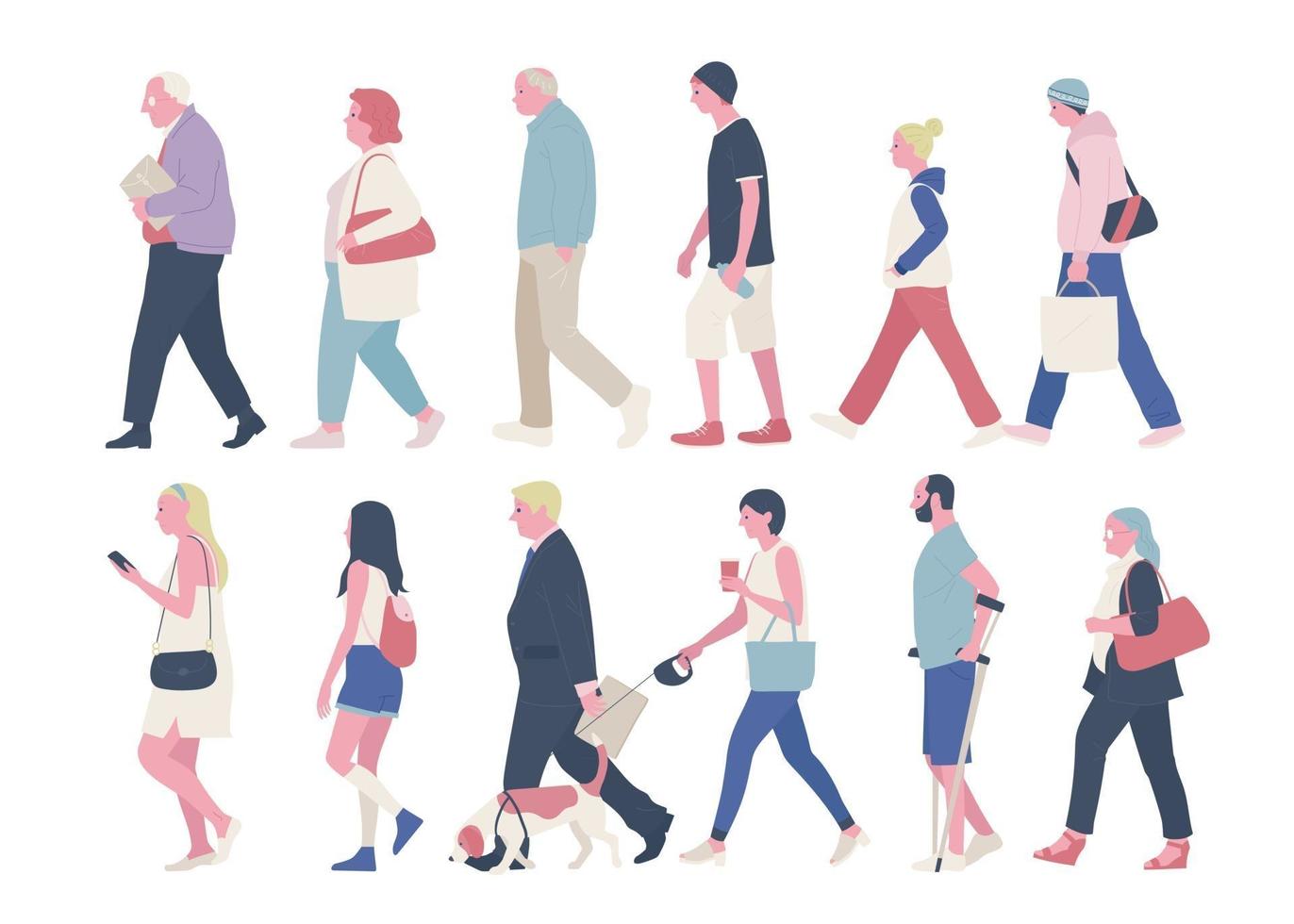 Side view of various people on the street. vector design illustrations.