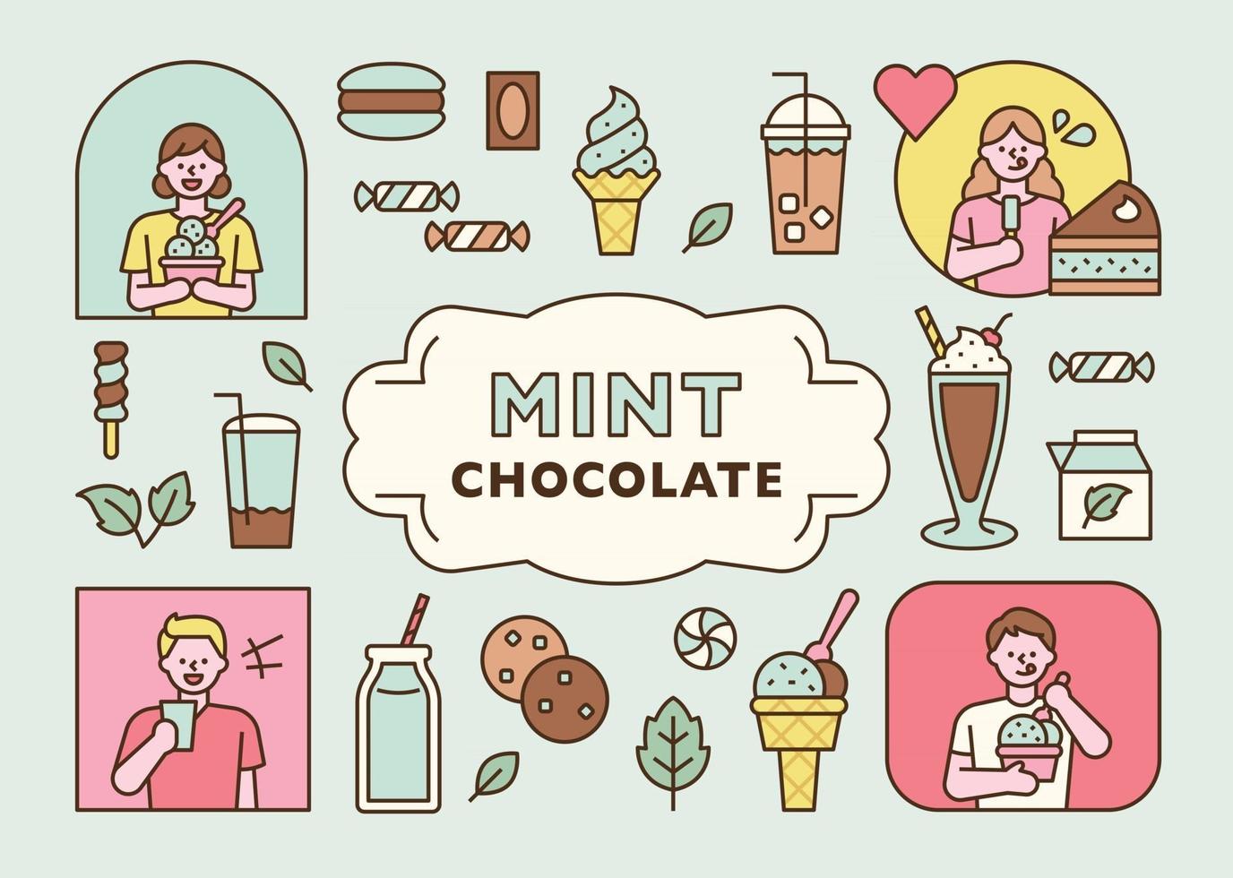 Various mint flavored dessert icons and people enjoying them. flat design style minimal vector illustration.