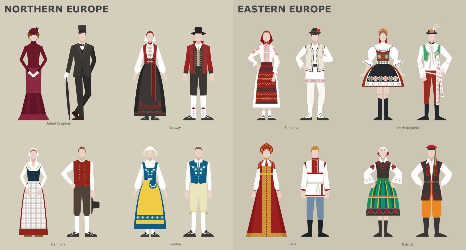 A collection of traditional costumes by country. Europe. vector design
