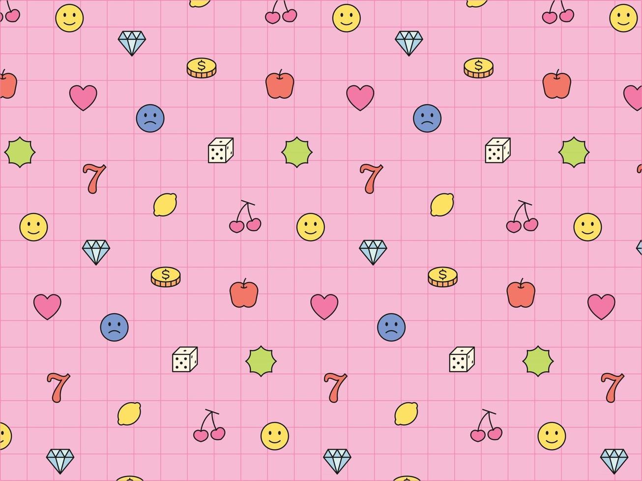 Cute gambling icons arranged on pink grid. Simple pattern design template. vector