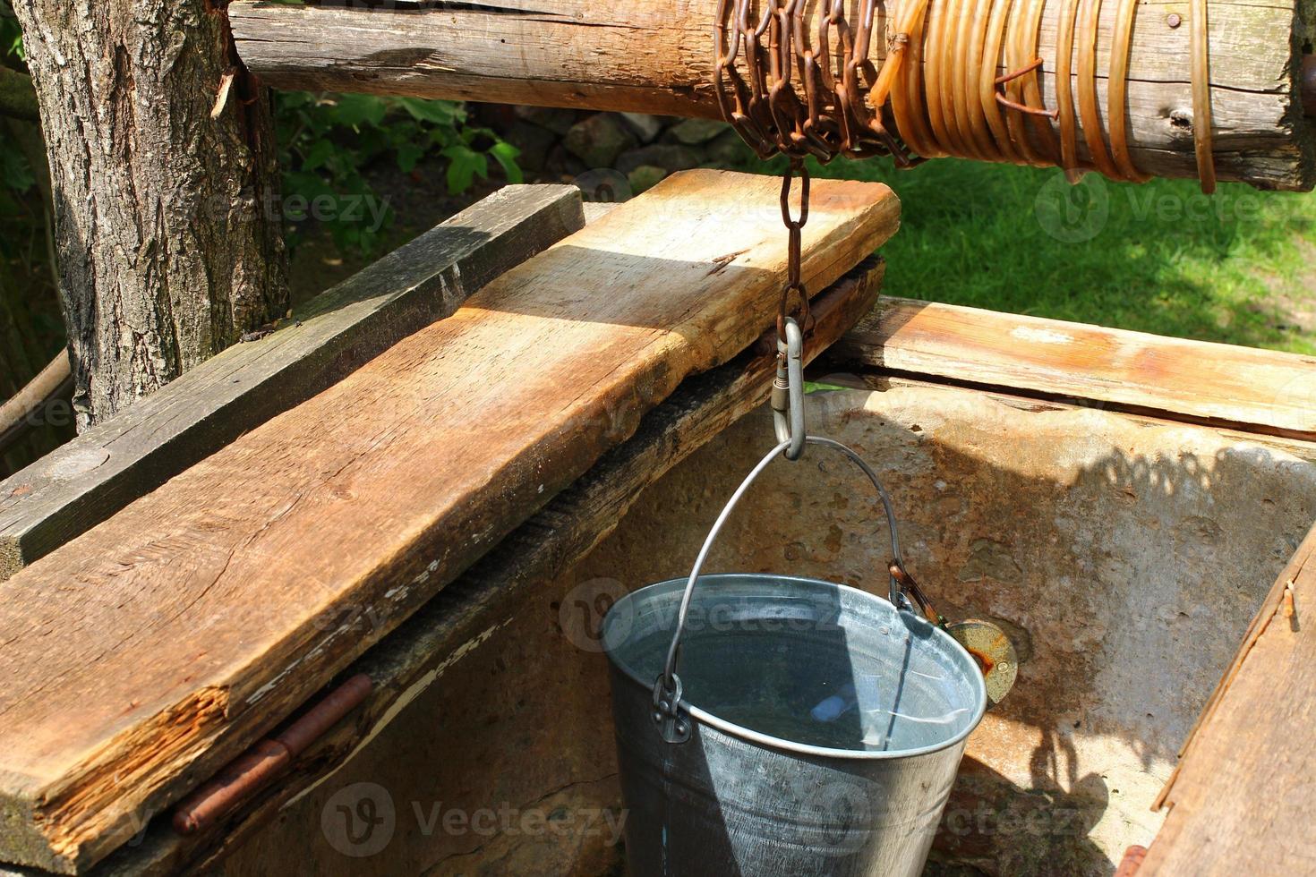 Old well with bucket close-up. photo