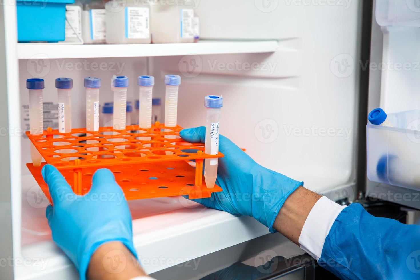 joven científico y congelador de laboratorio foto