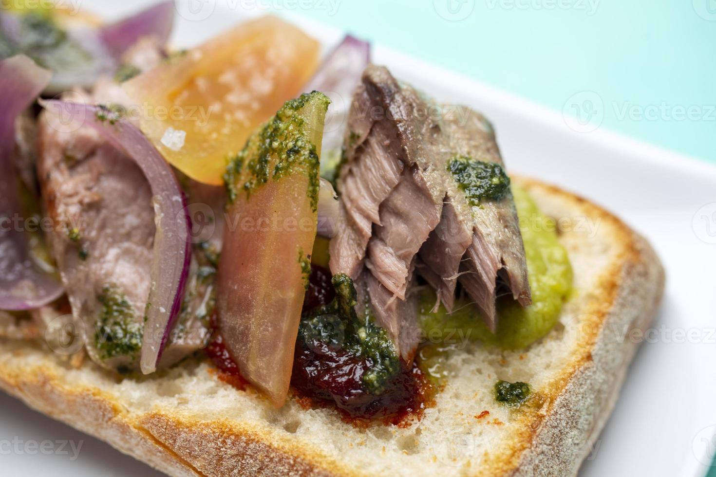 Close-up de una tostada de atún con tomate y cebolla foto