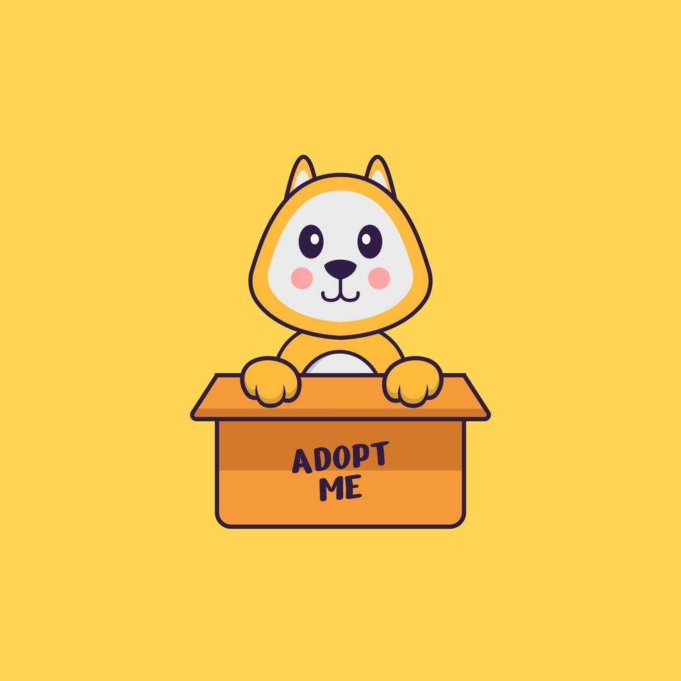 Cute dog in box with a poster Adopt me. Animal cartoon concept isolated. Can used for t-shirt, greeting card, invitation card or mascot. Flat Cartoon Style vector