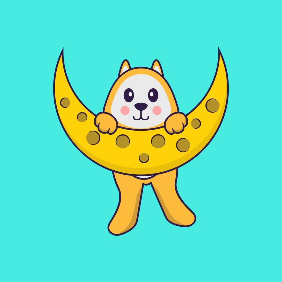 Cute dog is on the moon. Animal cartoon concept isolated. Can used for t-shirt, greeting card, invitation card or mascot. Flat Cartoon Style vector