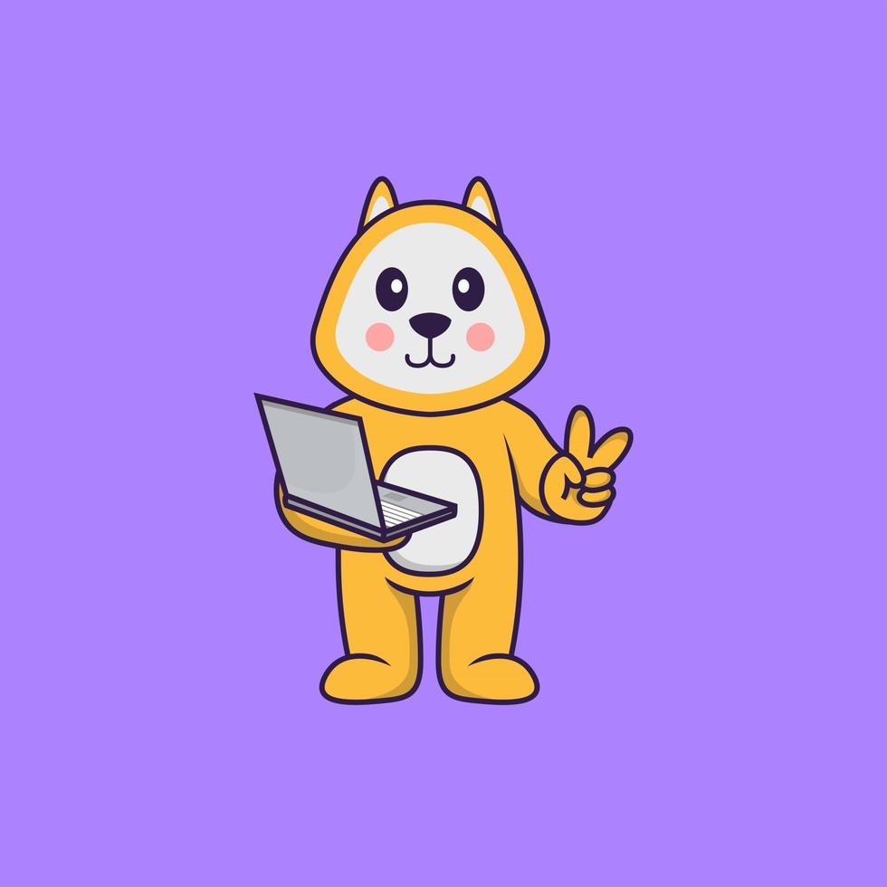 Cute dog holding laptop. Animal cartoon concept isolated. Can used for t-shirt, greeting card, invitation card or mascot. Flat Cartoon Style vector