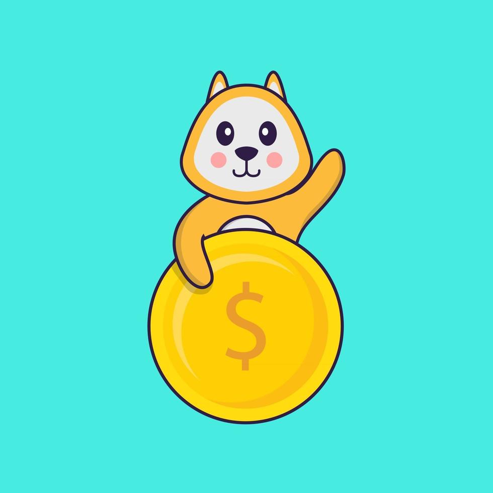 Cute dog holding coin. Animal cartoon concept isolated. Can used for t-shirt, greeting card, invitation card or mascot. Flat Cartoon Style vector