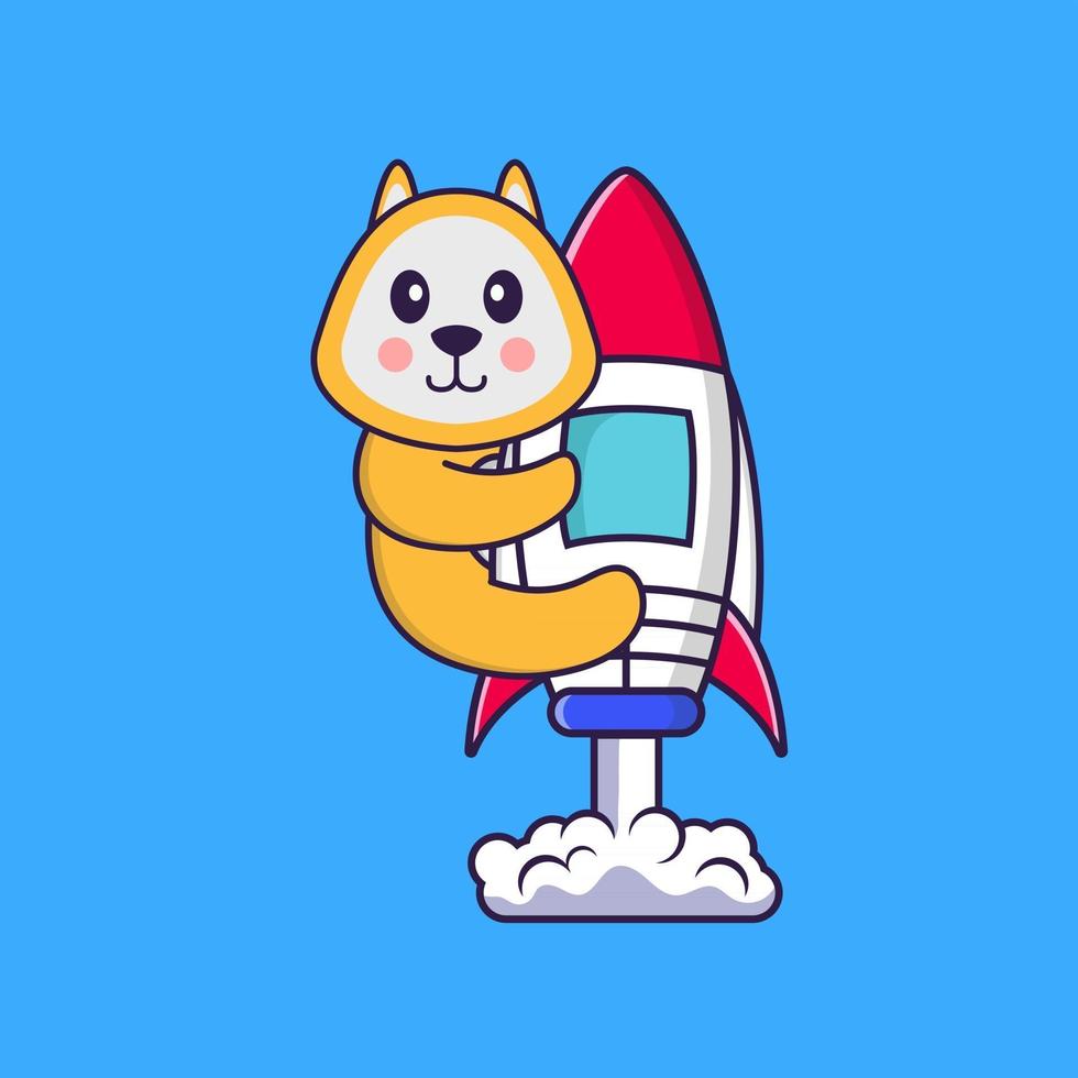 Cute dog flying on rocket. Animal cartoon concept isolated. Can used for t-shirt, greeting card, invitation card or mascot. Flat Cartoon Style vector