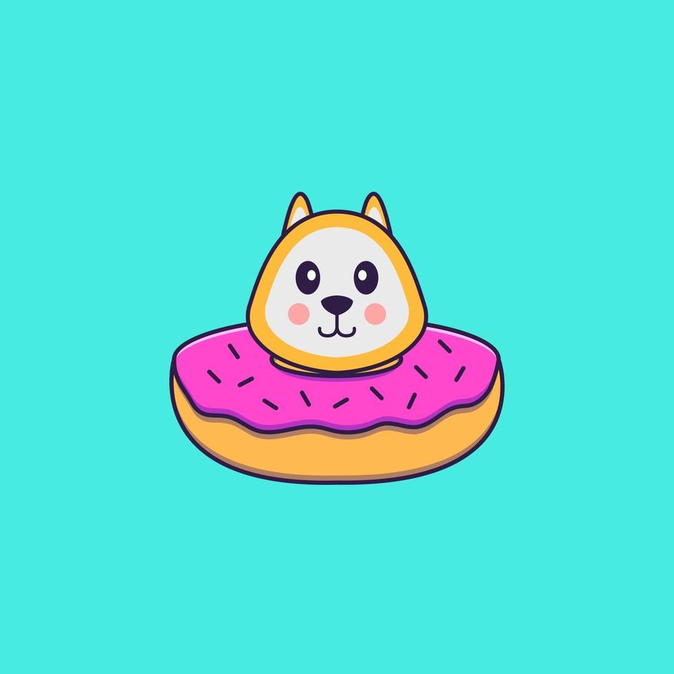 Cute dog with a donut on his neck. Animal cartoon concept isolated. Can used for t-shirt, greeting card, invitation card or mascot. Flat Cartoon Style vector