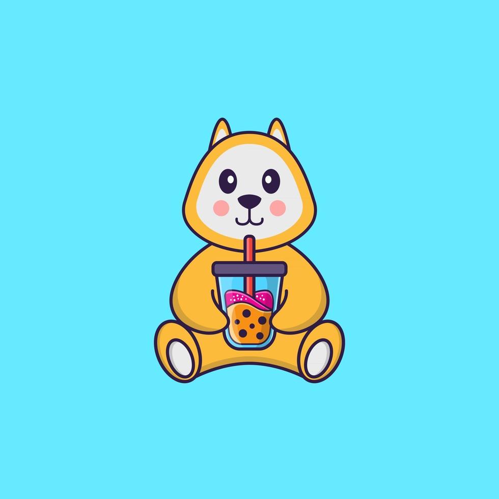 lindo perro bebiendo té con leche de boba. aislado concepto de dibujos animados de animales. Puede utilizarse para camiseta, tarjeta de felicitación, tarjeta de invitación o mascota. estilo de dibujos animados plana vector