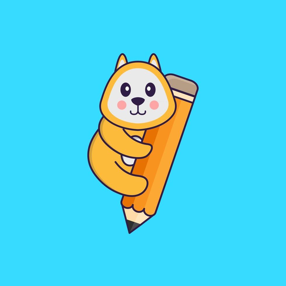 Cute dog holding a pencil. Animal cartoon concept isolated. Can used for t-shirt, greeting card, invitation card or mascot. Flat Cartoon Style vector