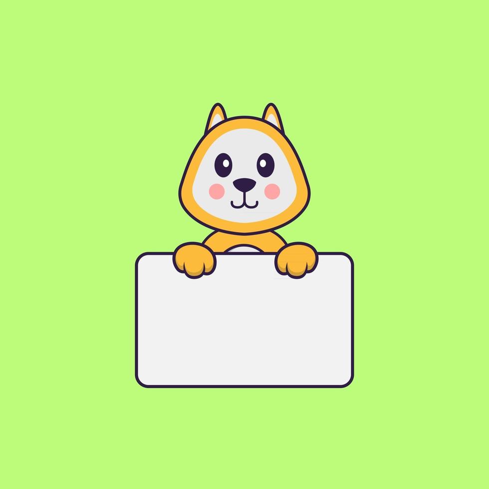Cute dog holding whiteboard. Animal cartoon concept isolated. Can used for t-shirt, greeting card, invitation card or mascot. Flat Cartoon Style vector