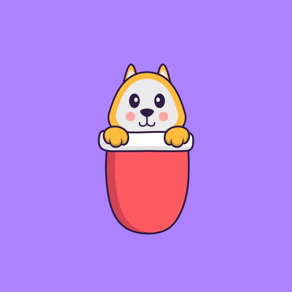 Cute dog in red pocket. Animal cartoon concept isolated. Can used for t-shirt, greeting card, invitation card or mascot. Flat Cartoon Style vector