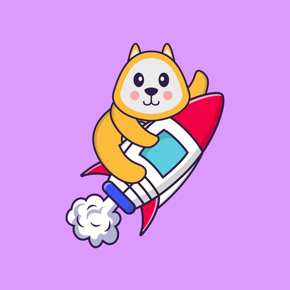 Cute dog flying on rocket. Animal cartoon concept isolated. Can used for t-shirt, greeting card, invitation card or mascot. Flat Cartoon Style vector