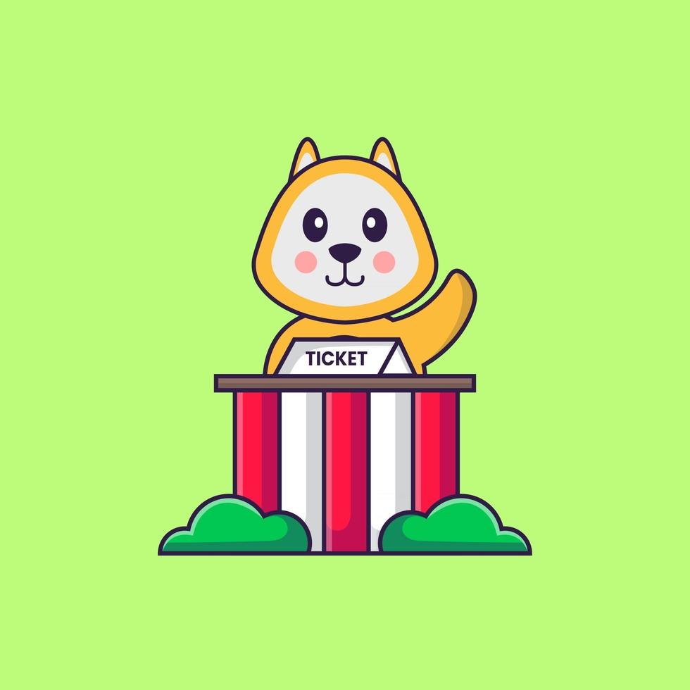 Cute dog is being a ticket keeper. Animal cartoon concept isolated. Can used for t-shirt, greeting card, invitation card or mascot. Flat Cartoon Style vector