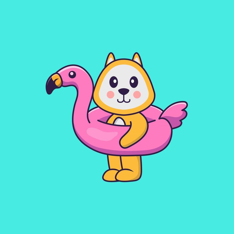 lindo perro con boya flamingo. aislado concepto de dibujos animados de animales. Puede utilizarse para camiseta, tarjeta de felicitación, tarjeta de invitación o mascota. estilo de dibujos animados plana vector