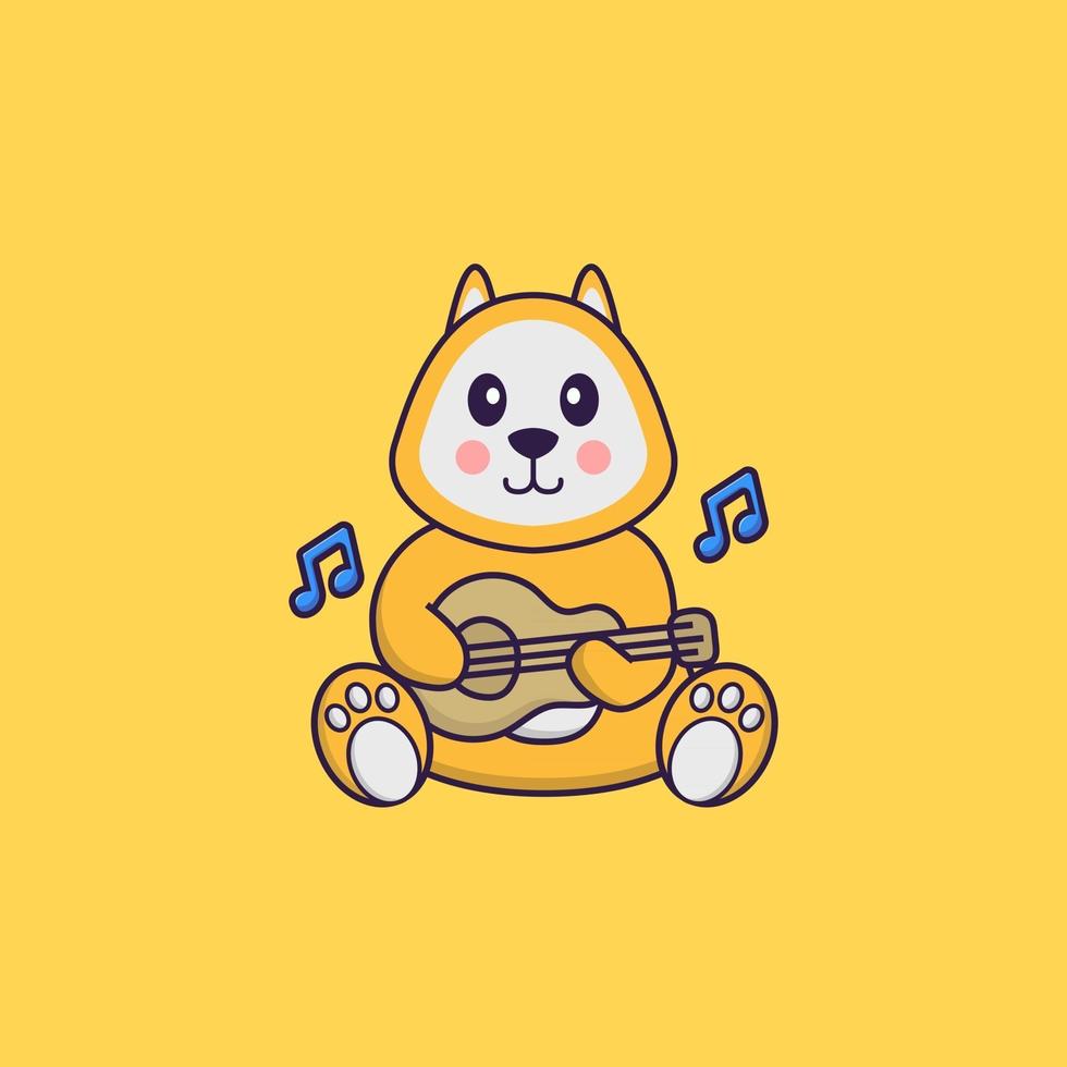 Cute dog playing guitar. Animal cartoon concept isolated. Can used for t-shirt, greeting card, invitation card or mascot. Flat Cartoon Style vector