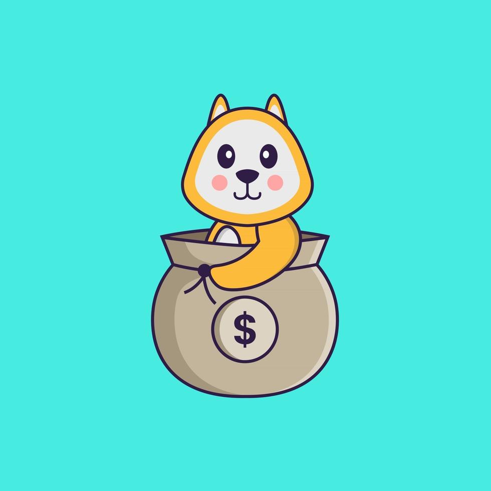 lindo perro en una bolsa de dinero. aislado concepto de dibujos animados de animales. Puede utilizarse para camiseta, tarjeta de felicitación, tarjeta de invitación o mascota. estilo de dibujos animados plana vector