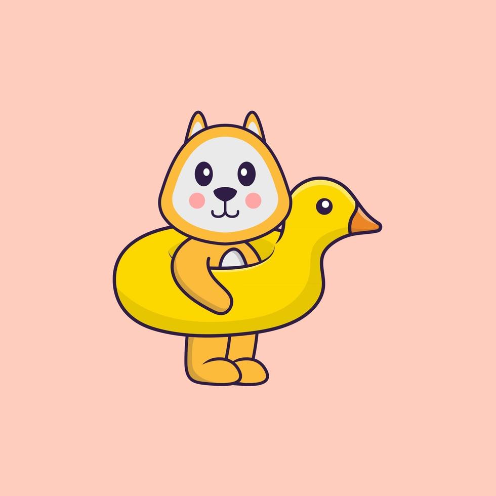 Cute dog With Duck buoy. Animal cartoon concept isolated. Can used for t-shirt, greeting card, invitation card or mascot. Flat Cartoon Style vector