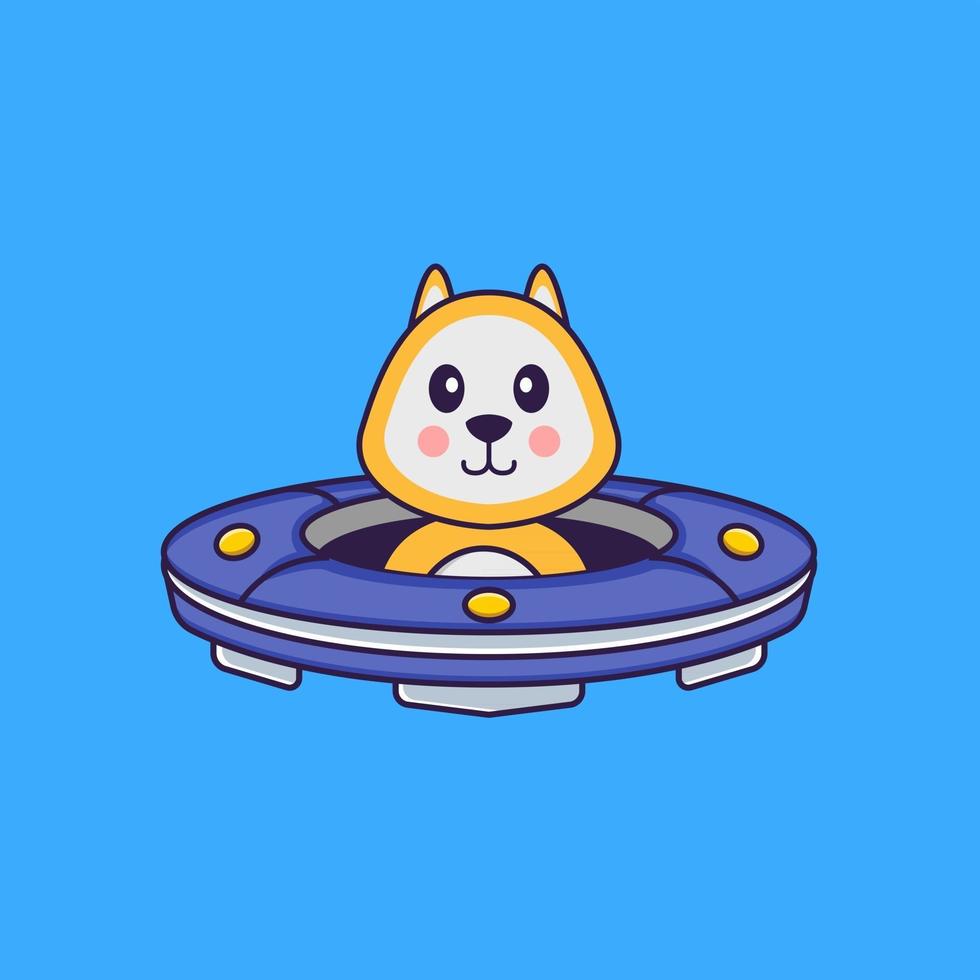 Cute dog Driving Spaceship Ufo. Animal cartoon concept isolated. Can used for t-shirt, greeting card, invitation card or mascot. Flat Cartoon Style vector