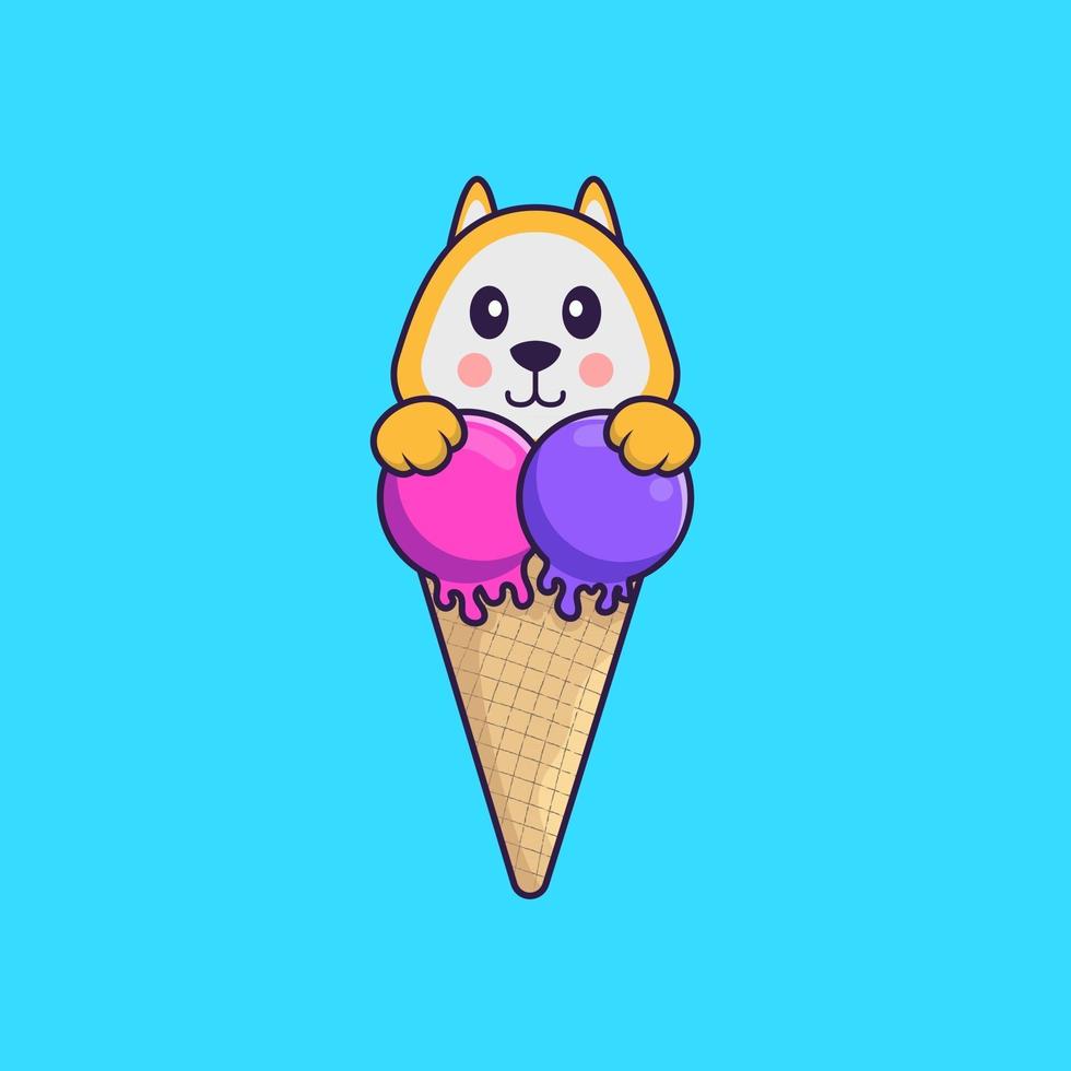 lindo perro con helado dulce. aislado concepto de dibujos animados de animales. Puede utilizarse para camiseta, tarjeta de felicitación, tarjeta de invitación o mascota. estilo de dibujos animados plana vector