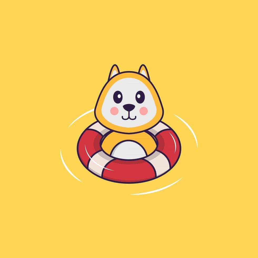 Cute dog is Swimming with a buoy. Animal cartoon concept isolated. Can used for t-shirt, greeting card, invitation card or mascot. Flat Cartoon Style vector