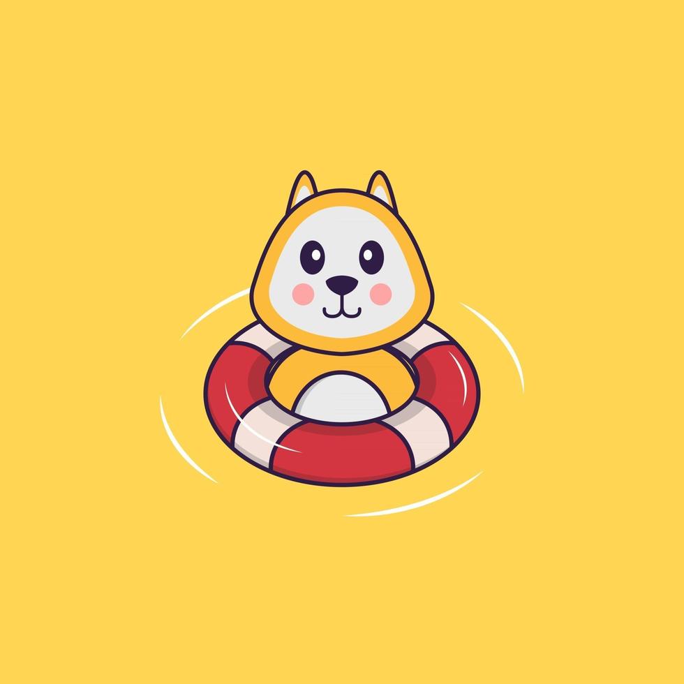 Cute dog is Swimming with a buoy. Animal cartoon concept isolated. Can used for t-shirt, greeting card, invitation card or mascot. Flat Cartoon Style vector